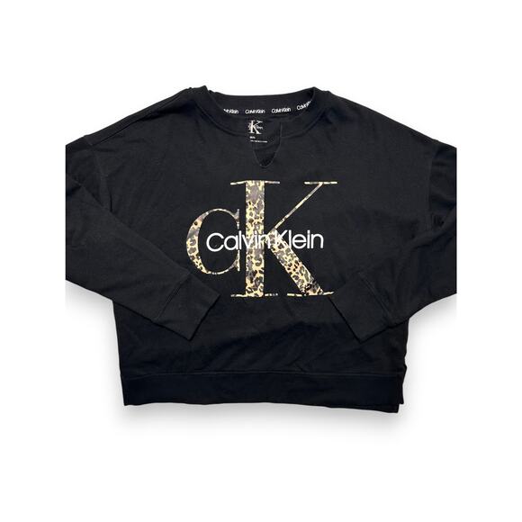Calvin Klein Black Sweater w/ Leopard CK Logo Sweatshirt Size Medium - Picture 1 of 9